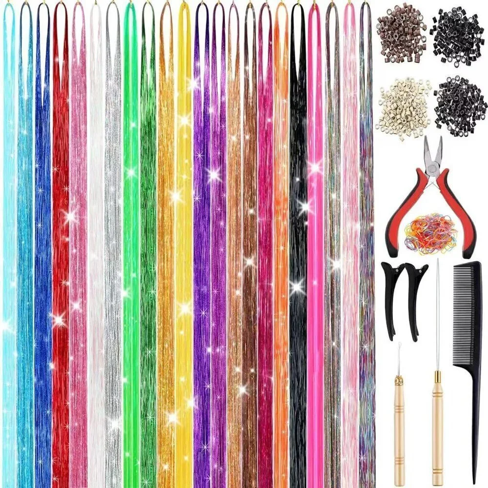 22 Colors 7700 Strands Hair Tinsel Kit, 48 Inch Glitter Tinsel Hair Extensions f